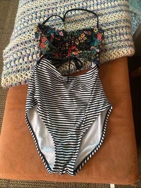 Floral & Stripe one piece swim Black, White, Multicolor